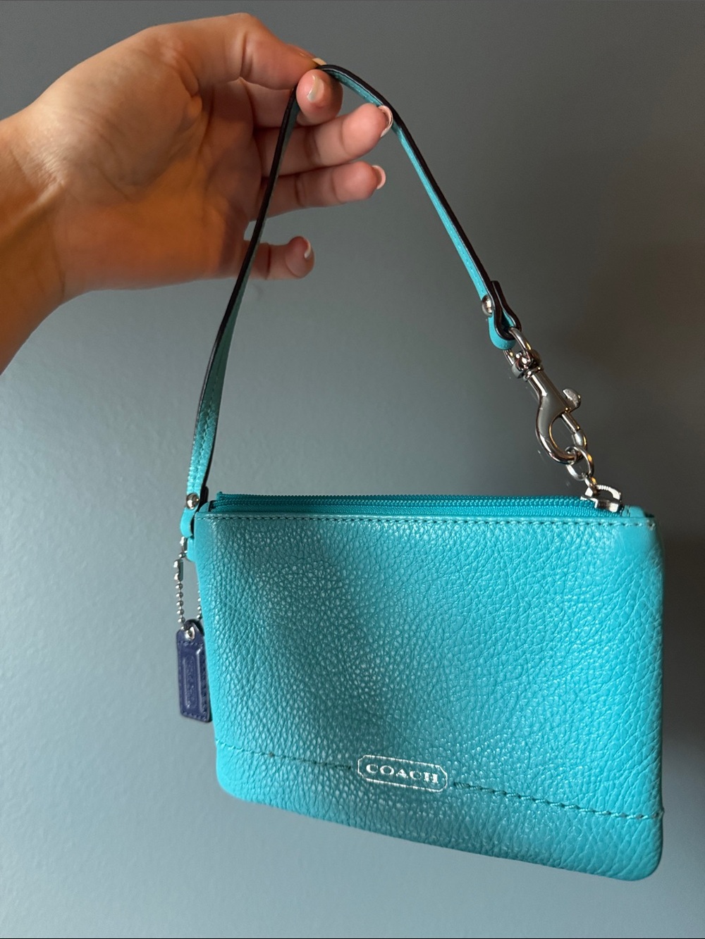 Coach Teal Pebbled Leather Wristlet with Silver Hardware